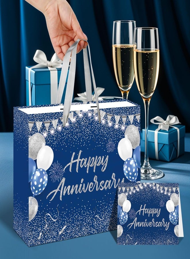 GOLDCROW Blue Silver Party Gift Bag with Tissue Papers and Card, Wedding Paper Gift Wrapping Paper Bag11.8'' for Men Women Anniversary Party, Wedding Party Supplies - Image 4